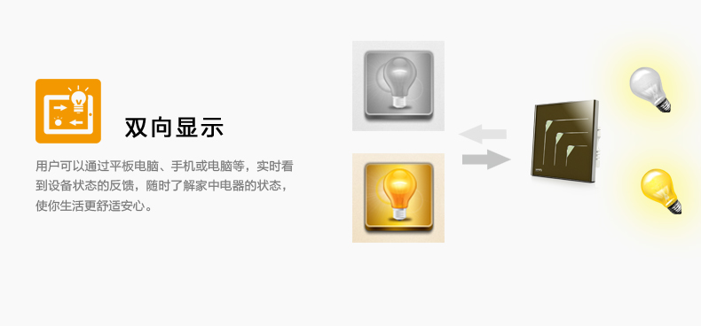 雙向顯示，用戶可通過平板電腦、手機或電腦燈，實時看到設(shè)備狀態(tài)的反饋，隨時了解家中電器的狀態(tài)，使您生活更舒適安心。